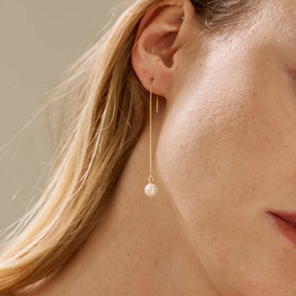 Handmade long drop freshwater pearl earrings with 18k gold fill dangle chain - Picture 5 of 10